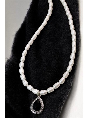 twingold Desenli Incili Damla Zirkon Taşlı Tasarımlı Gümüş Kaplamalı Inci Kolye