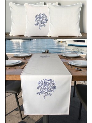 Visionario Kırlent Kılıfı 45X45 3'lü Set + 145X40 Runner Marin Nakışlı Yosun Desen Su Itici Outdoor Keten