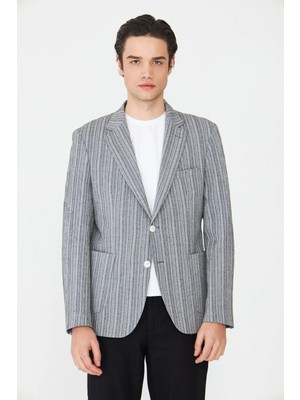White Stone Gri Dokulu Çizgili Modern Kesim Şık Ceket