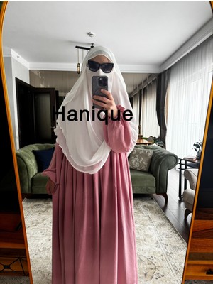 Hanique Pembe Ayrobin Tesettür Elbise- Rahat Kalıp-Hac Umre-Piliseli