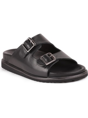 Libero L15.8010 Kahverengi Hakiki Antik Deri Çift Tokalı Anatomik Ultra Hafif Eva Taban Erkek Terlik