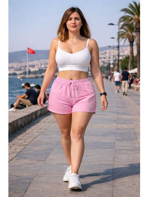 Bukadınca Pembe Üzeri Beyaz Yıldız Desenli, Lastik Belli, Esnek Milan Şort