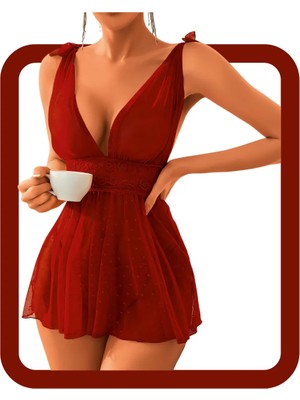 Zarvia Kırmızı Tül Dekolteli  Şık Transparan Askılı Tanga Gecelik Takım