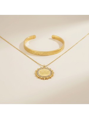 TrendyX Güneş Model Kolye ve Ayetel Kürsi Bileklik Seti Gold Çelik Şık Takı Seti