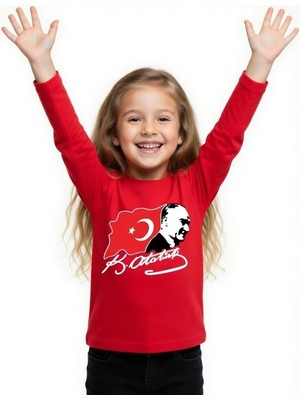 Efendioğlu Design Uzun Kollu Dalgalanan Bayrak Imzalı 23 Nisan Atatürk Baskılı Çocuk Tişörtü – Erkek/kız Çocuk Tişörtü