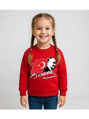 Efendioğlu Design Sweatshirt Dalgalanan Bayrak Imzalı 23 Nisan Atatürk Baskılı Erkek/kız Çocuk Sweatshirt