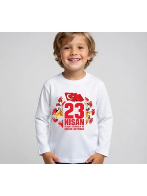 Efendioğlu Design Uzun Kollu Büyük 23 Nisan Yazılı Yabancı Çocuklar Kenarda Baskılı Çocuk T-Shirt