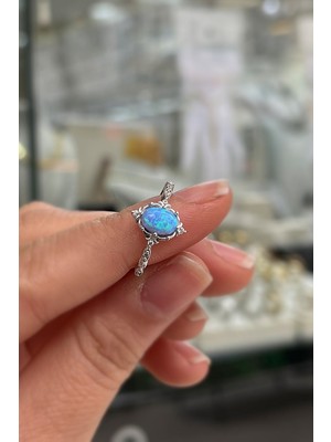 Erer Gümüş 925 Ayar Gümüş Oval Mavi Opal Taşlı Vintage Yüzük