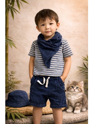 Kokoro M&b Çizgili Tişört ve Lacivert Şallı Şort Takım/Yazlık Rahat Bebek Kombini/Taşlanmış Kot Görünümlü