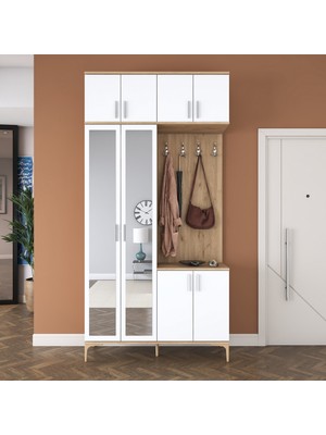 Rani EA153 Modern Portmanto 8 Kapaklı Aynalı Raflı Askılı Ayakkabılık Vestiyer Sepet Ceviz - Beyaz