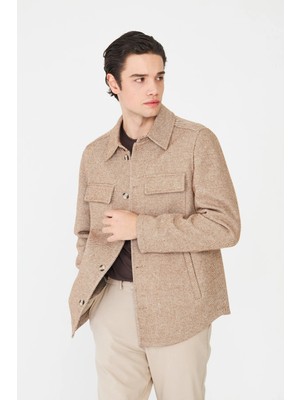 White Stone Bej Yün Görünümlü Balıksırtı Gömlek Ceket