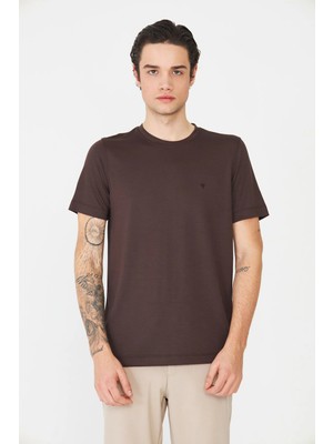White Stone Kahverengi Bisiklet Yaka Basic Erkek T-Shirt