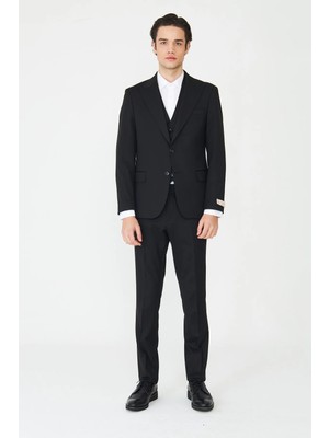 White Stone Siyah Yelekli Sivri Yaka Modern Kesim Erkek Takım Elbise