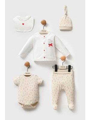 Moi Noi Kırmızı Fiyonk Detaylı Kokina 5'li Bebek Seti - Çiçek ve Kuş Desenli Hastane Çıkışı