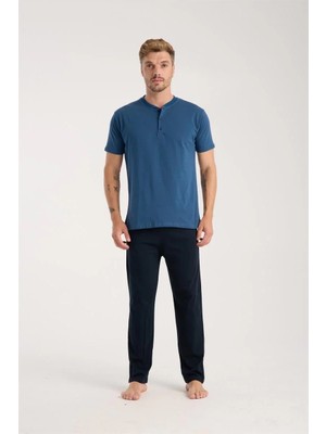 Çamaşır Kenti Erkek Indigo Düğmeli Yaka Kısa Kol Pijama Takımı