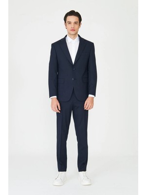 White Stone Lacivert Modern Slim Fit Dokulu Kumaş Şık Klasik Yaka Zamansız Takım Elbise