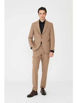White Stone Koyu Bej Düz Kumaş Modern Slim Fit Klasik Yaka Takım Elbise