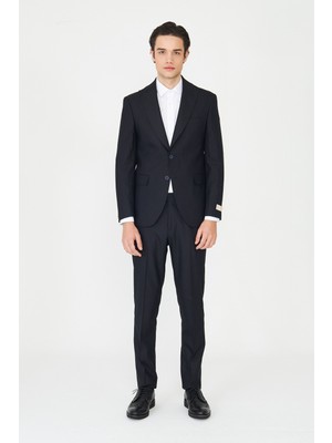 White Stone Lacivert Ince Çizgili Modern Slim Fit Klasik Yaka Takım Elbise