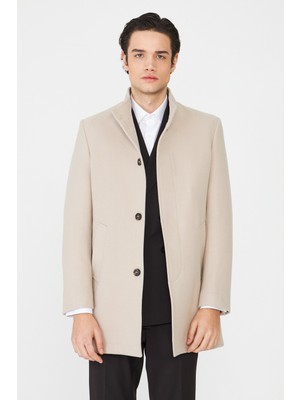 White Stone Bej Dik Yaka Astarlı İç Cepli Kaşe Kaban Regular Fit