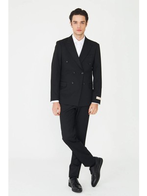 White Stone Siyah Sivri Yaka Kruvaze Modern Kesim Erkek Takım Elbise
