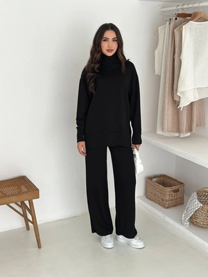 Win Moda Boğazlı Takım - Alt Üst Kapalı Takım - Triko Detaylı Modal Takım - 2587