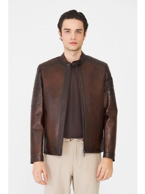 White Stone Kahverengi Kapitone Detaylı Fermuarlı Modern Hakiki Deri Ceket