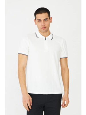 White Stone Beyaz Fermuarlı Polo Yaka Erkek T-Shirt