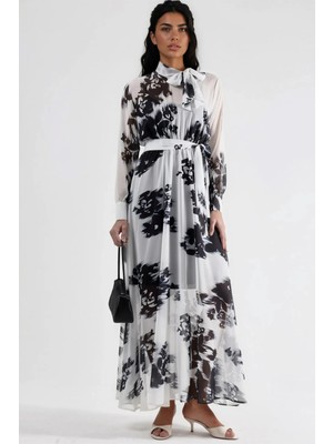 Hiccup Kadın Msn Çiçek Desenli, Düğmeli ve Bağlama Detaylı Uzun Elbise Beyaz