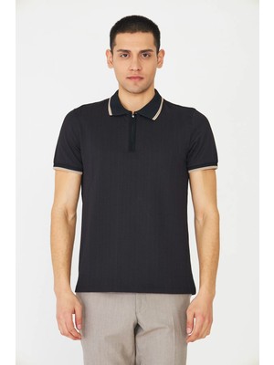 White Stone Siyah Fermuarlı Polo Yaka Erkek T-Shirt