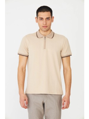 White Stone Bej Modern Kesim Fermuarlı Polo Yaka Erkek T-Shirt