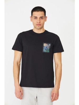 White Stone Siyah Bisiklet Yaka Baskılı T-Shirt