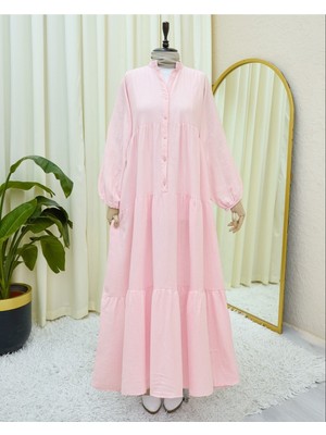 Modamorfo Yarım Düğmeli Parçalı Müslin Elbise    -Pudra