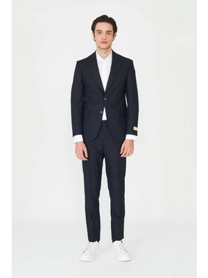 White Stone Lacivert Ince Çizgili Modern Slim Fit Klasik Yaka Takım Elbise