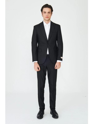 White Stone Siyah Ince Çizgili Modern Slim Fit Klasik Yaka Takım Elbise
