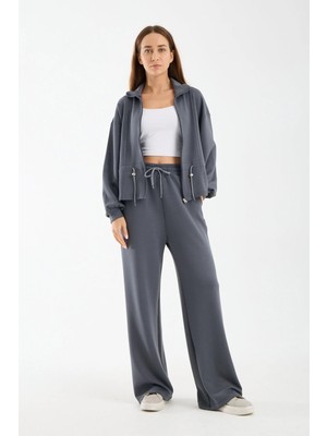 Win Moda Kadın Modal Kumaş Fermuarlı Eşofman Takımı Bel Büzgülü Baggy Pantolon Rahat Spor Takım 1530
