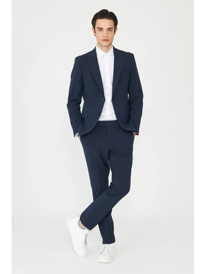 White Stone Lacivert Modern Slim Fit Ince Dokulu Kumaş Klasik Kesim Takım Elbise