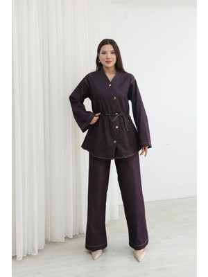 Piove Kadın Bağlama Detaylı Gömlek Pantolon Ikili Takım – Rahat Kesim Günlük ve Şık Kombin Takımı