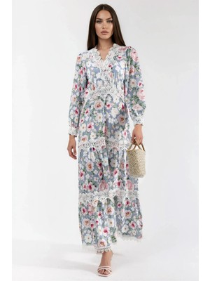 Hiccup Kadın Msn Çiçek Desenli Dantel Detaylı V Yaka Maksi Elbise Çok Renkli