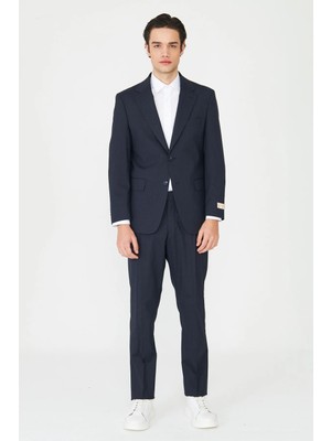 White Stone Lacivert Ince Dokulu Modern Slim Fit Klasik Yaka Premium Takım Elbise