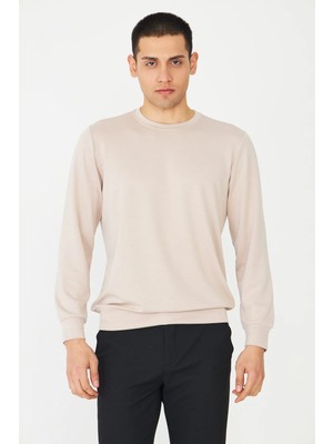 White Stone Bej Basic Bisiklet Yaka Erkek Sweatshirt