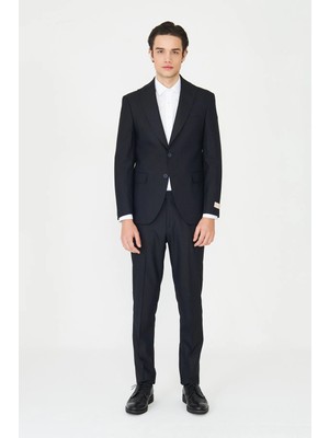 White Stone Lacivert Ince Çizgili Modern Slim Fit Klasik Yaka Takım Elbise