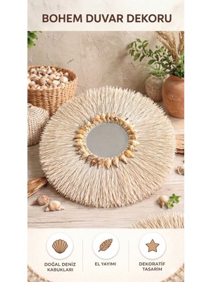 Marena Home Bohem Hasır Güneş Ayna – Deniz Kabuklu Dekoratif Duvar Aynası, Boho Ev Dekoru