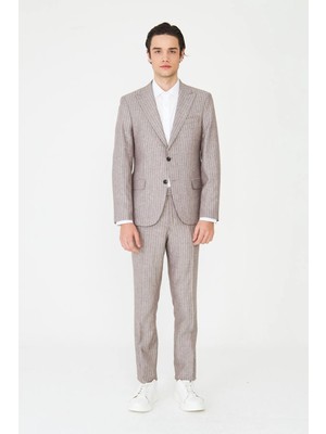 White Stone Bej Ince Çizgili Modern Kesim Takım Elbise