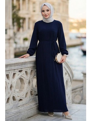 Hafsa Mina Robalı Piliseli Ayrobin Elbise Lacivert HM2872