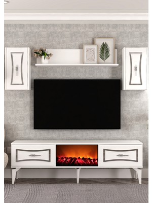 Demonte Decor TV0062-TXA150DD-32 Şömineli Tv Ünitesi Takımı Beyaz-Gümüş