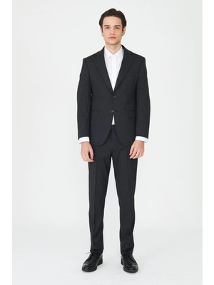 White Stone Koyu Gri Ince Dokulu Kumaş Modern Slim Fit Klasik Yaka Premium Takım Elbise