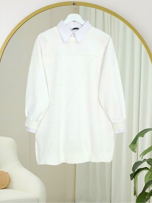 Modamorfo Yuvarlak Yaka Çimalı Yırtmaçlı Salaş Penye Tunik -Beyaz