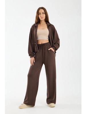 Win Moda Kadın Modal Kumaş Fermuarlı Eşofman Takımı Bel Büzgülü Baggy Pantolon Rahat Spor Takım 1530