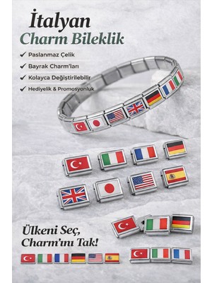 Italian Charm Bileklik Bayraklı – Kişiselleştirilebilir Ülke Bayrak Charm Bileklik 5'li Set