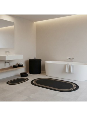 Comfort Craft Hasır / Jüt 5 Parça Hasır Çizgili Banyo Paspas Takımı | Kirli Sepeti | Oval Sepetler